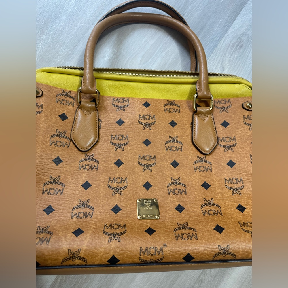 MCM Brown Monogram Satchel with Yellow Trim - Picture 2 of 9